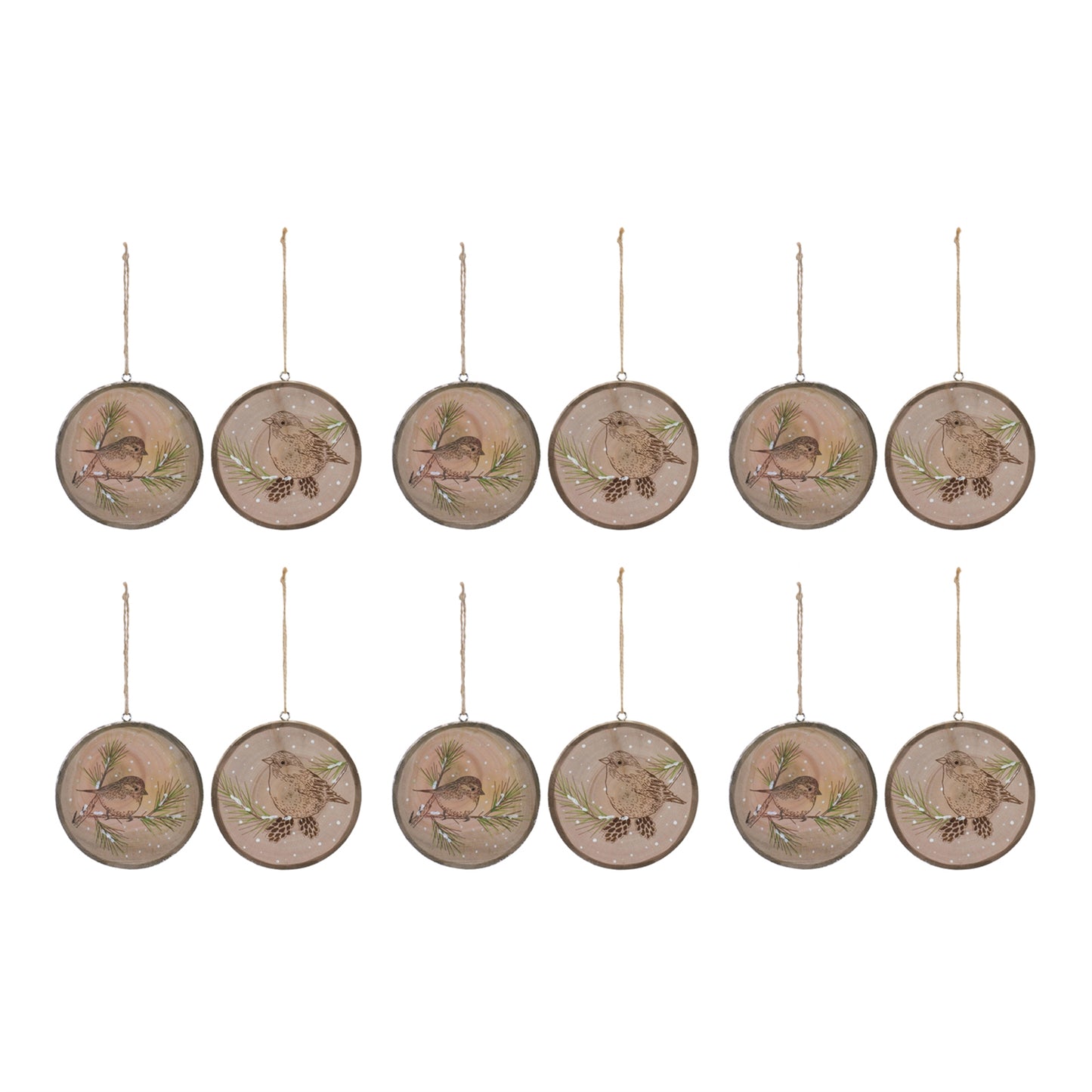 Wood Bird Tree Disc Ornament (Set of 12)