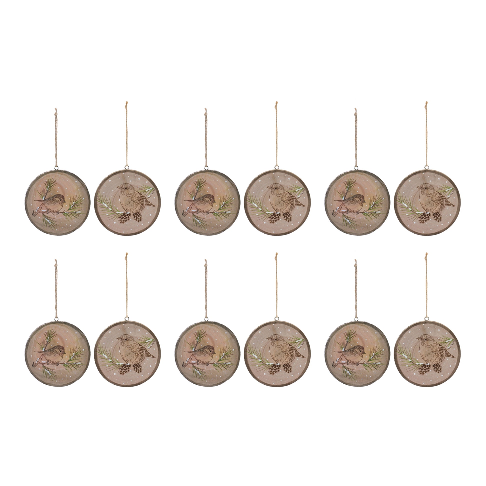 Wood Bird Tree Disc Ornament (Set of 12)