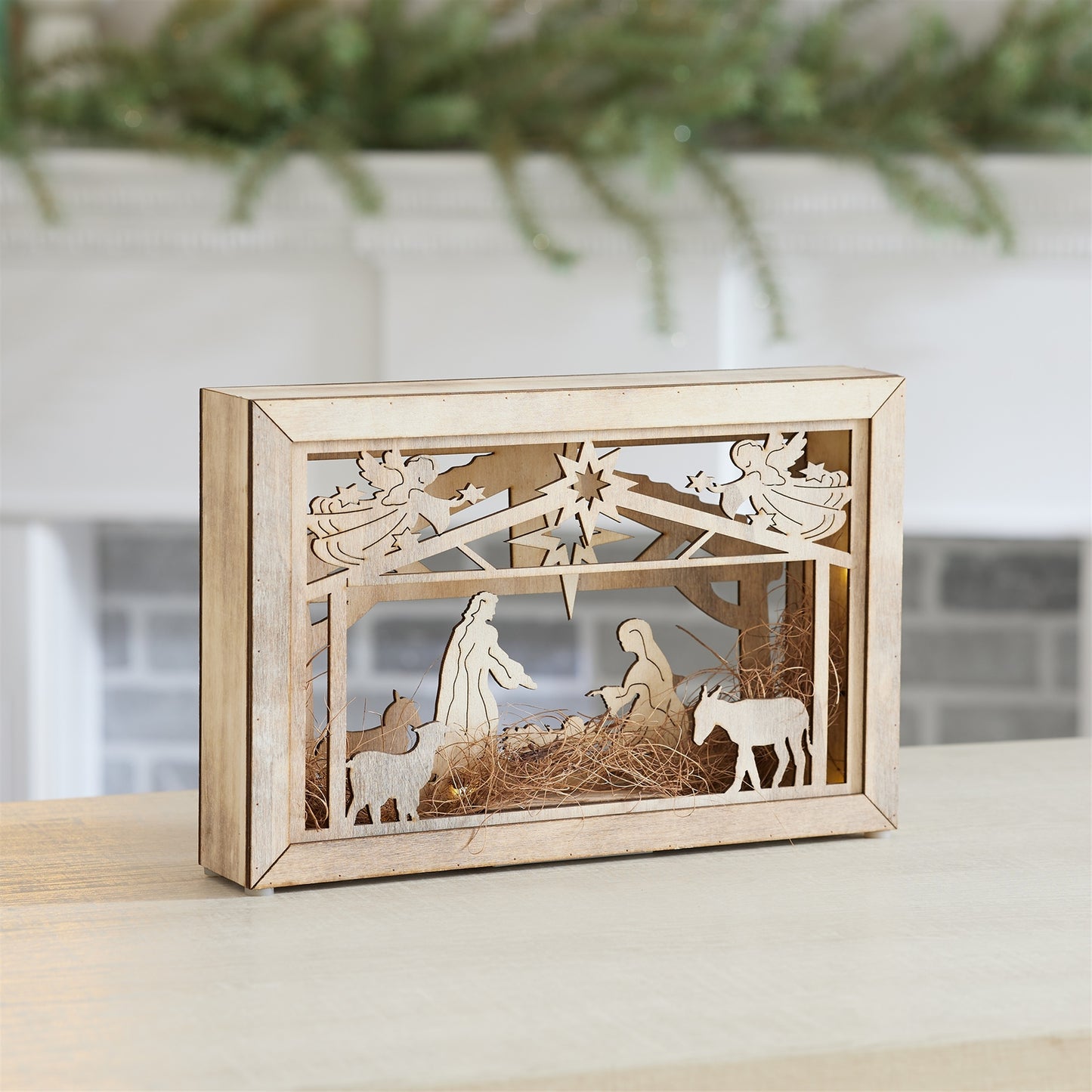 Cut Out Wood Nativity Scene with LED Lights 12"L