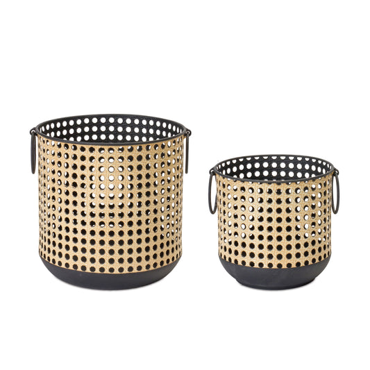 Punched Metal Candle Holder with Rattan Design (Set of 2)