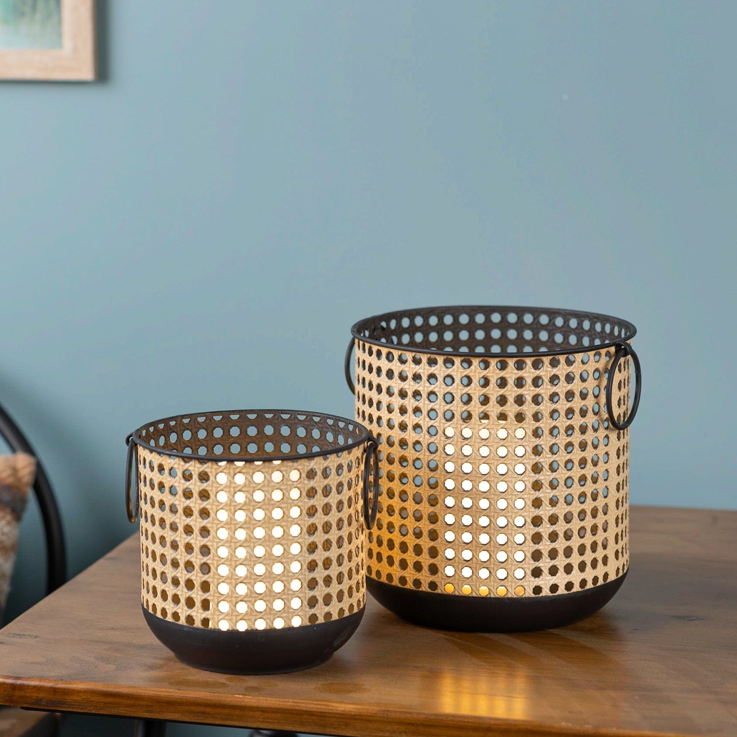 Punched Metal Candle Holder with Rattan Design (Set of 2)