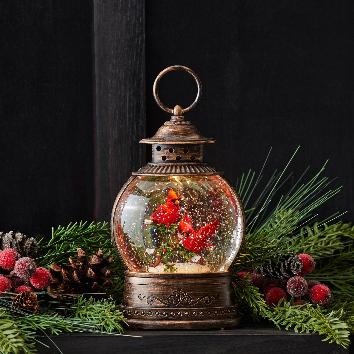 LED Snow Globe Lantern with Cardinal Bird Couple 8.25"H