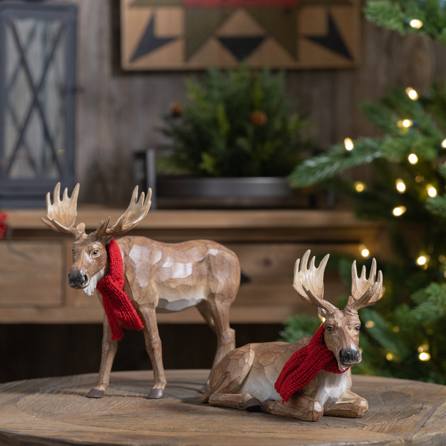 Carved Winter Moose with Scarf (Set of 2)