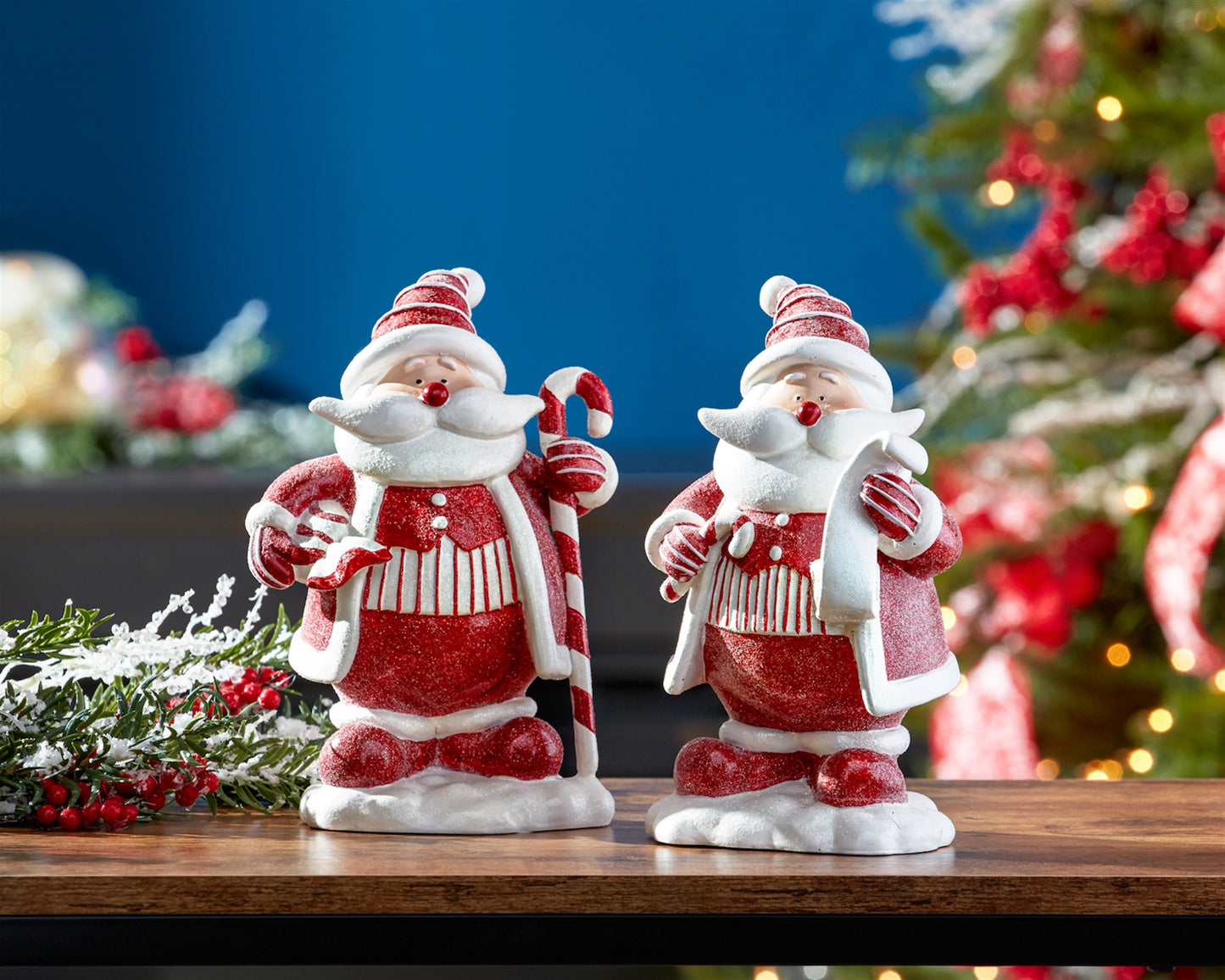 Peppermint Santa with Candy Cane Figurine (Set of 2)