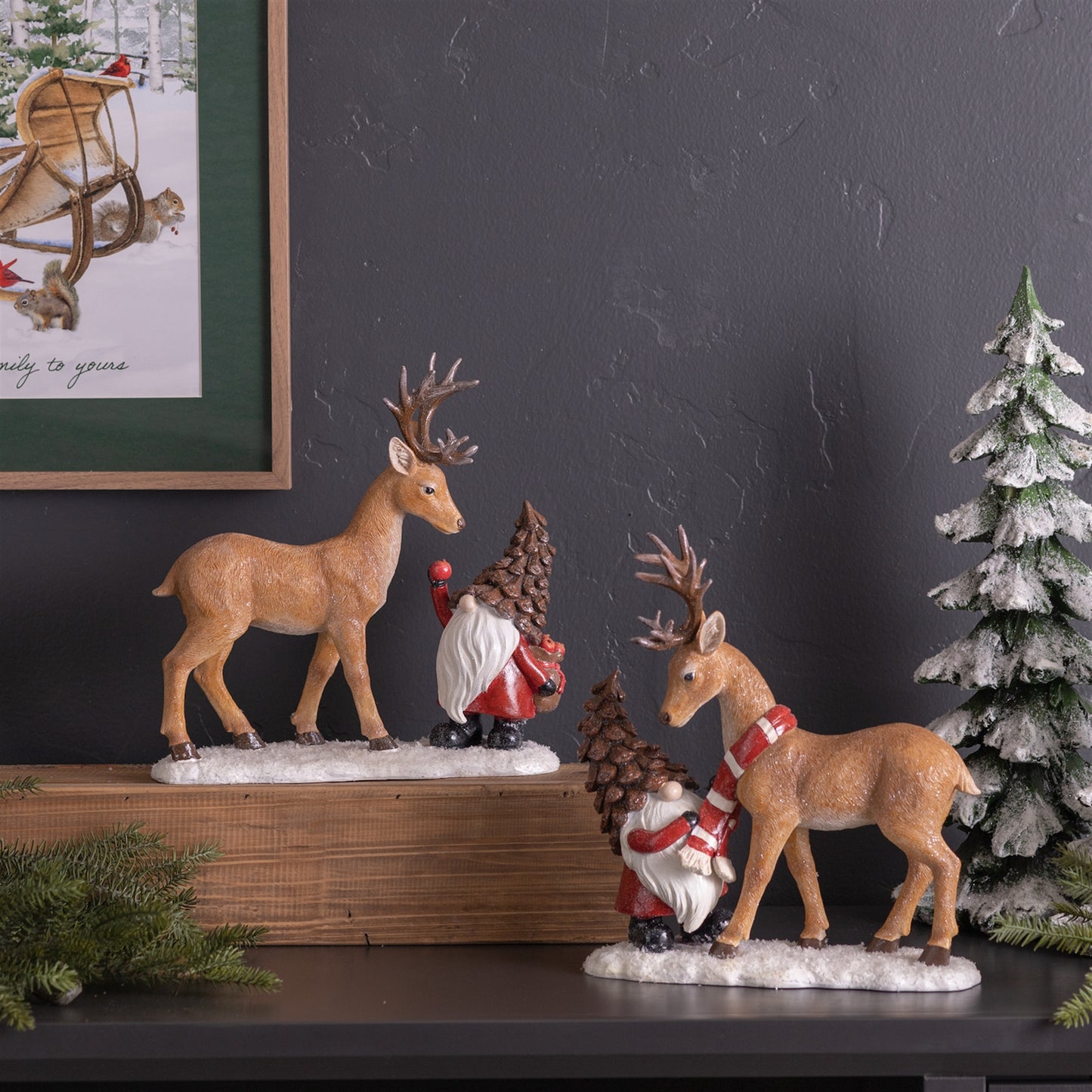 Pinecone Santa Gnome with Deer Figurine (Set of 2)