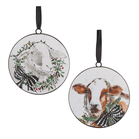 Holiday Cow and Sheep Disc Ornament (Set of 12) 6"H Iron/Jute