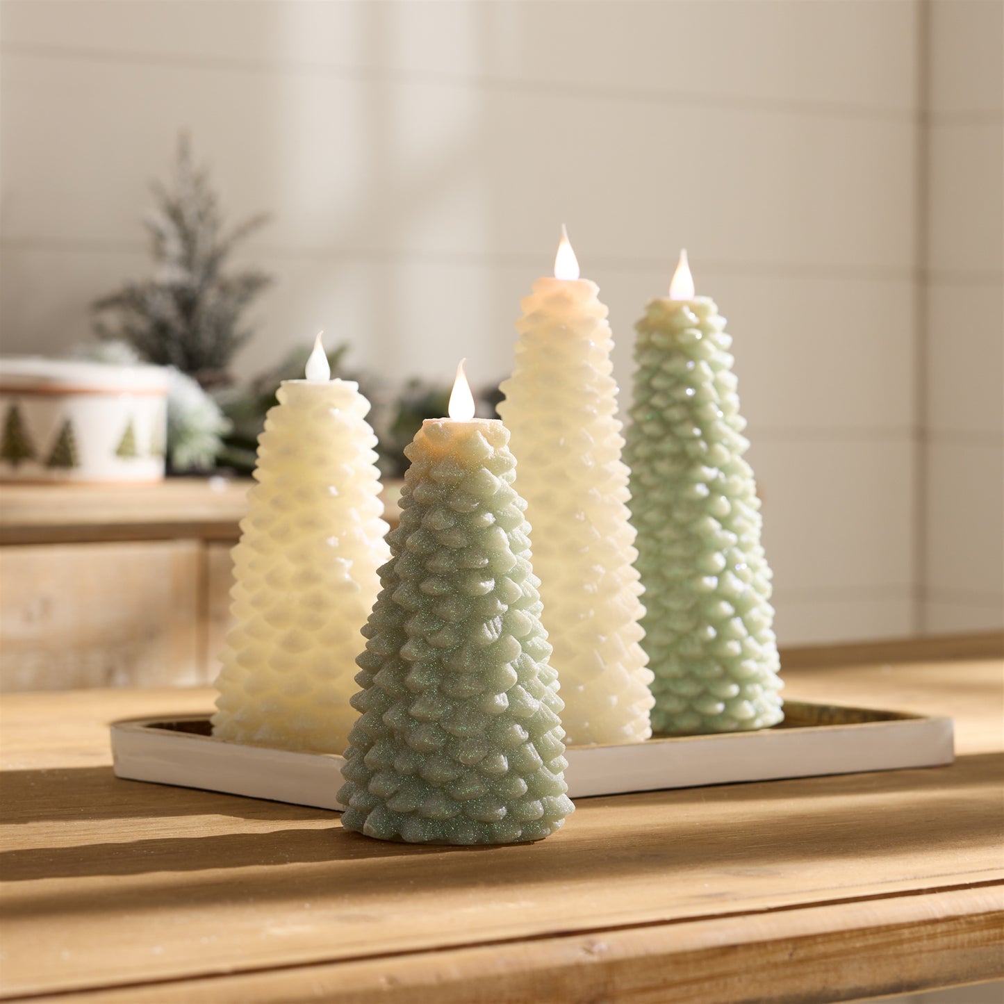 Glittered Pine Tree Candle 8"H