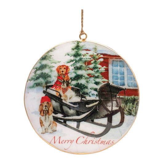 Dog and Sleigh Disc Ornament (Set of 6) 6"H Iron