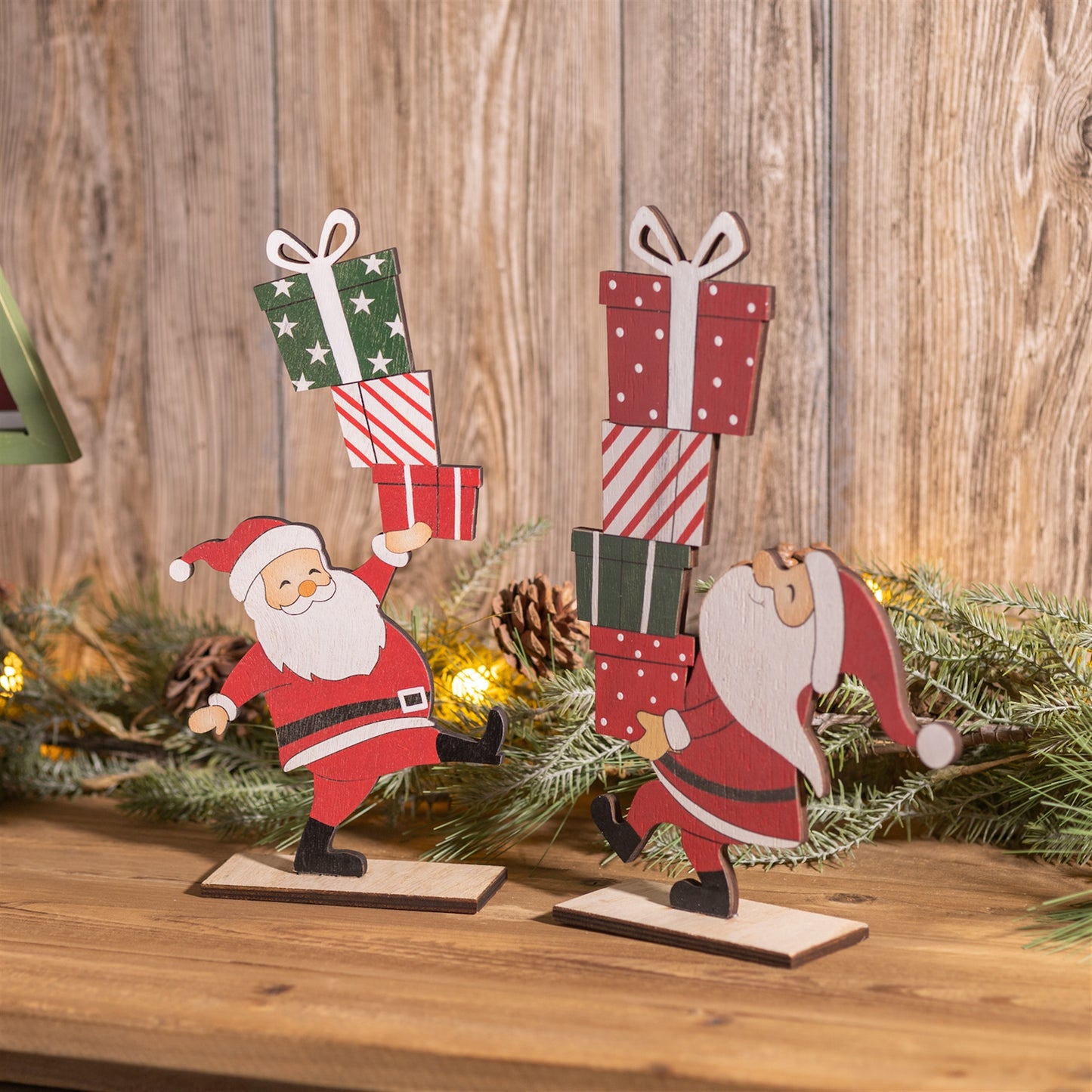 Wood Santa with Presents Display (Set of 2)