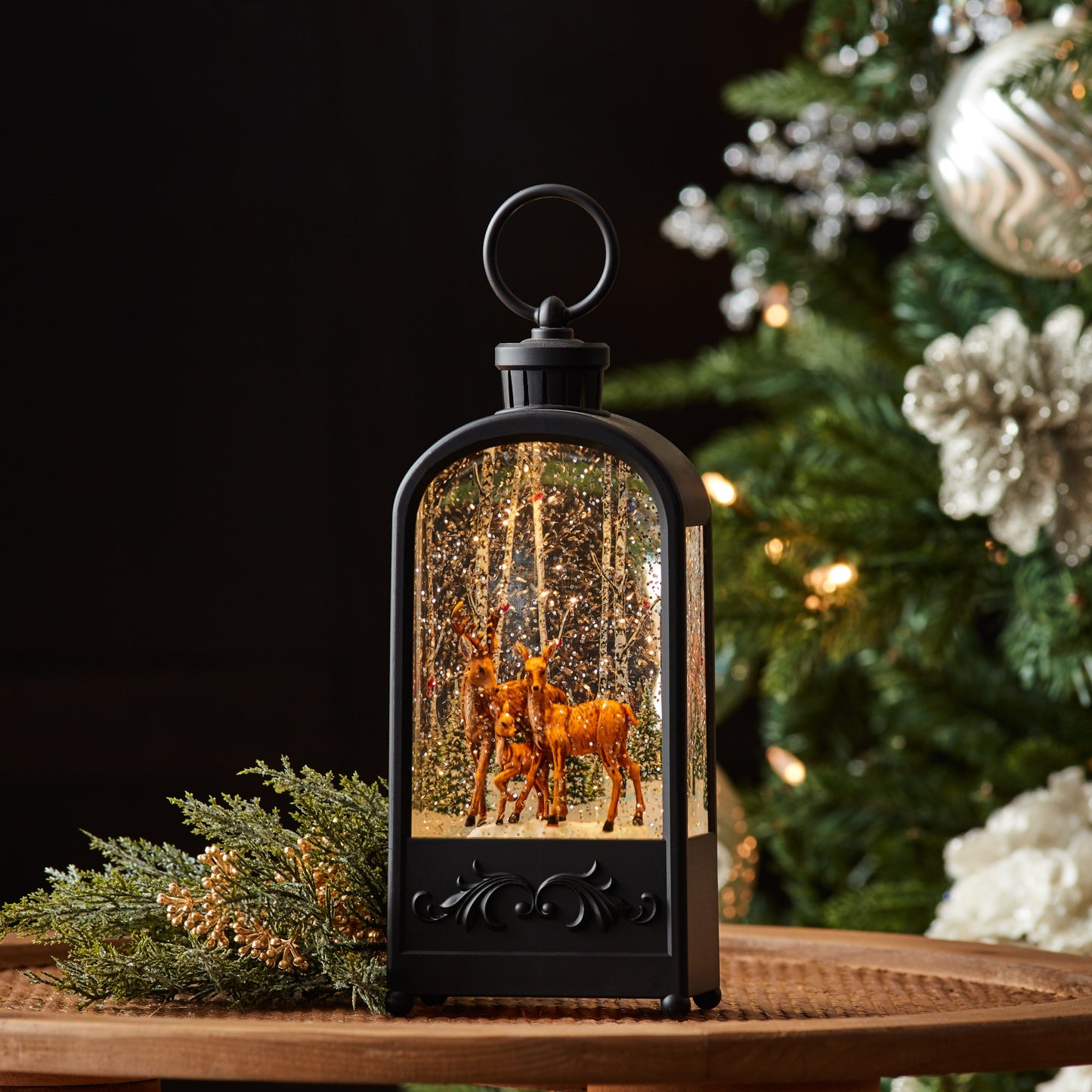LED Snow Globe Lantern with Forest Deer 9.5"H