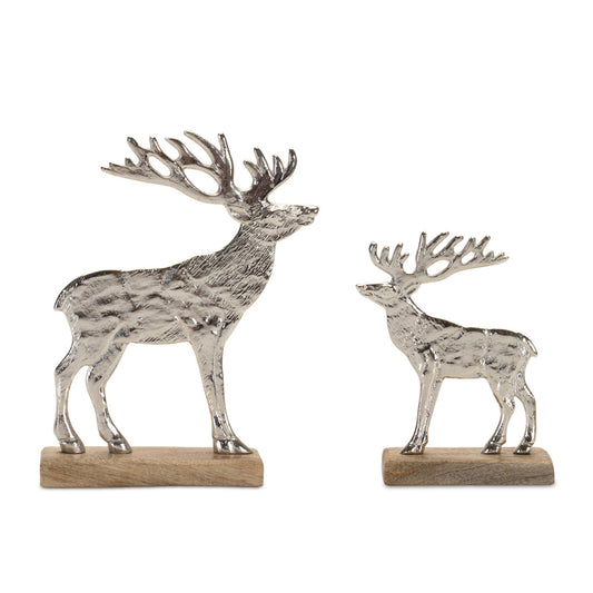 Deer on Base (Set of 2) 7"H, 9.5"H Wood/Aluminum