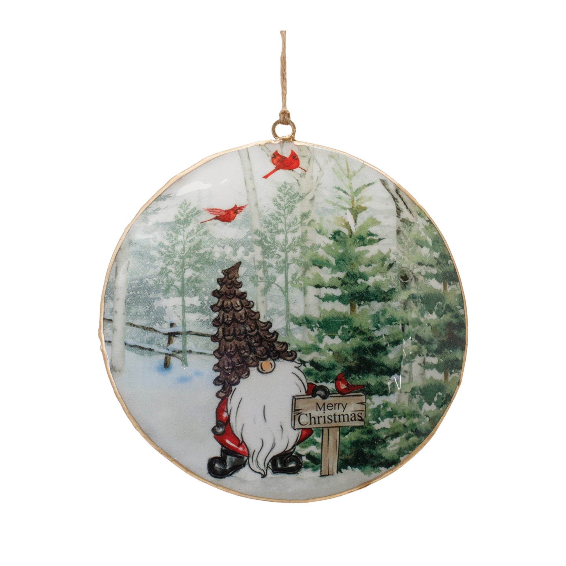 Metal Gnome Cardinal Forest Disc Ornament (Set of 6)