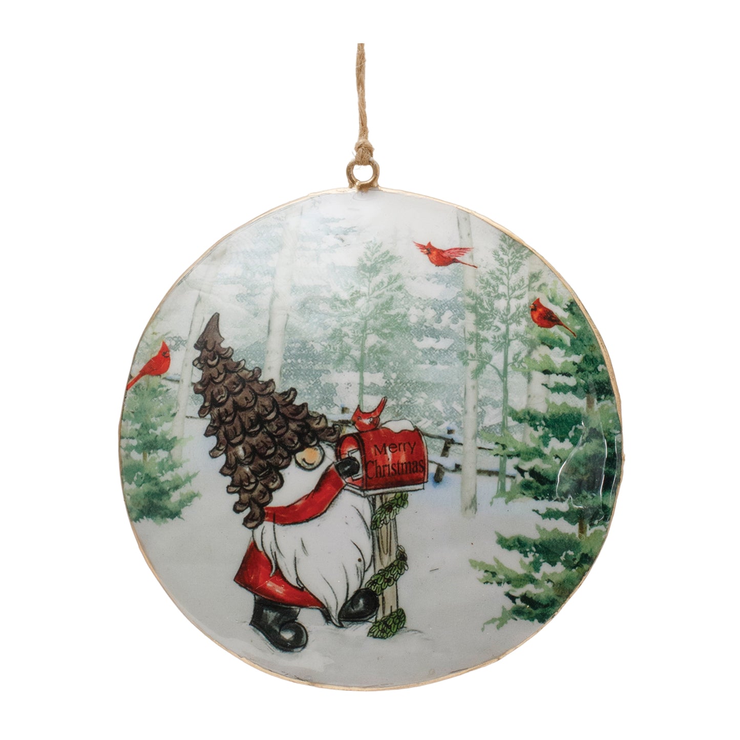 Metal Gnome Cardinal Forest Disc Ornament (Set of 6)