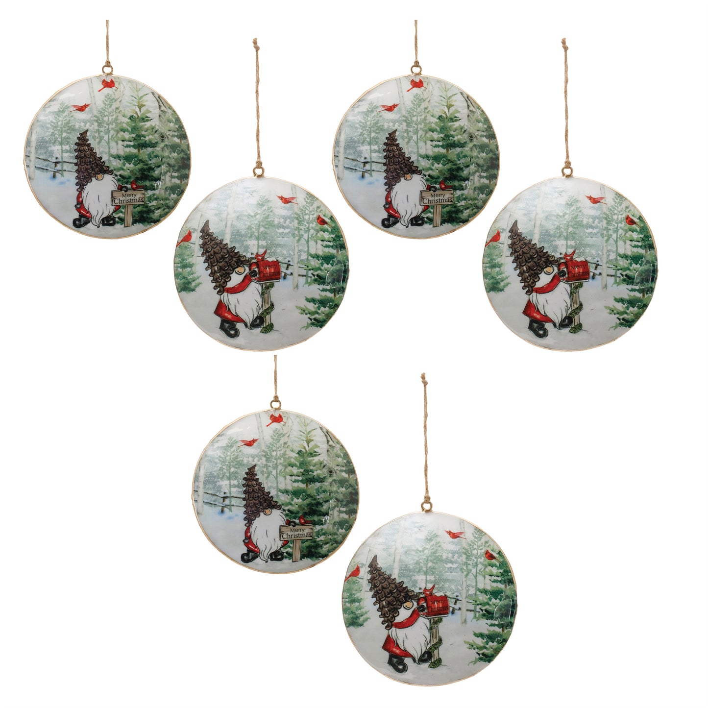 Metal Gnome Cardinal Forest Disc Ornament (Set of 6)