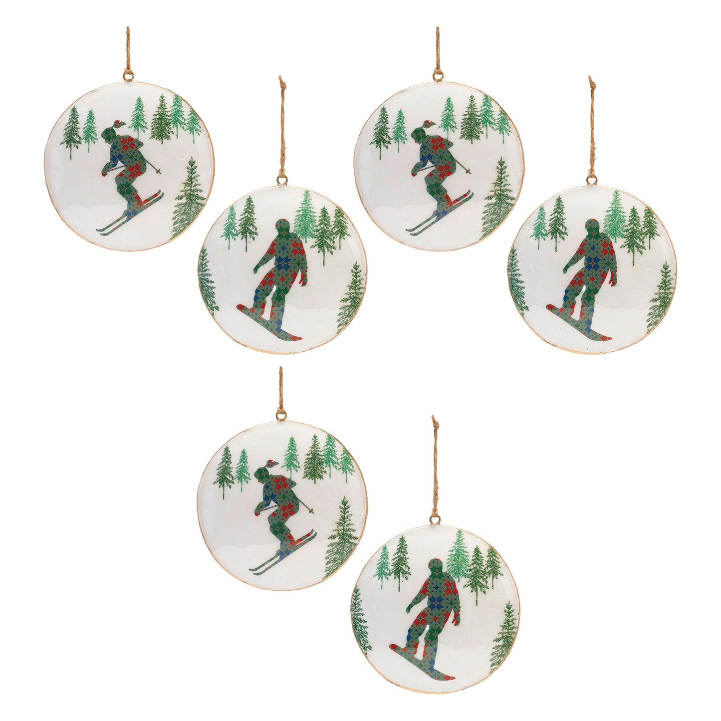 Metal Snowboard Forest Disc Ornament (Set of 6)