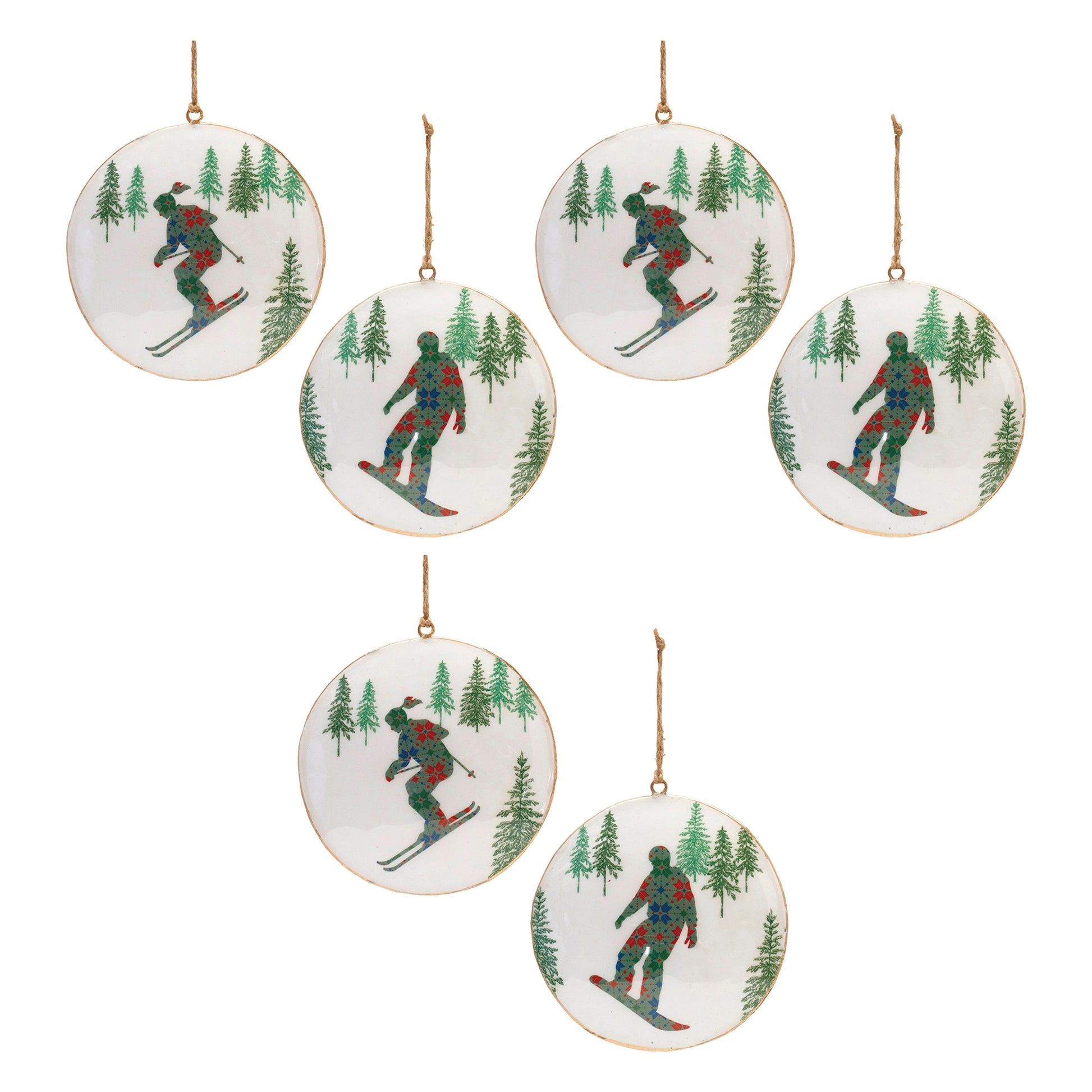 Metal Snowboard Forest Disc Ornament (Set of 6)
