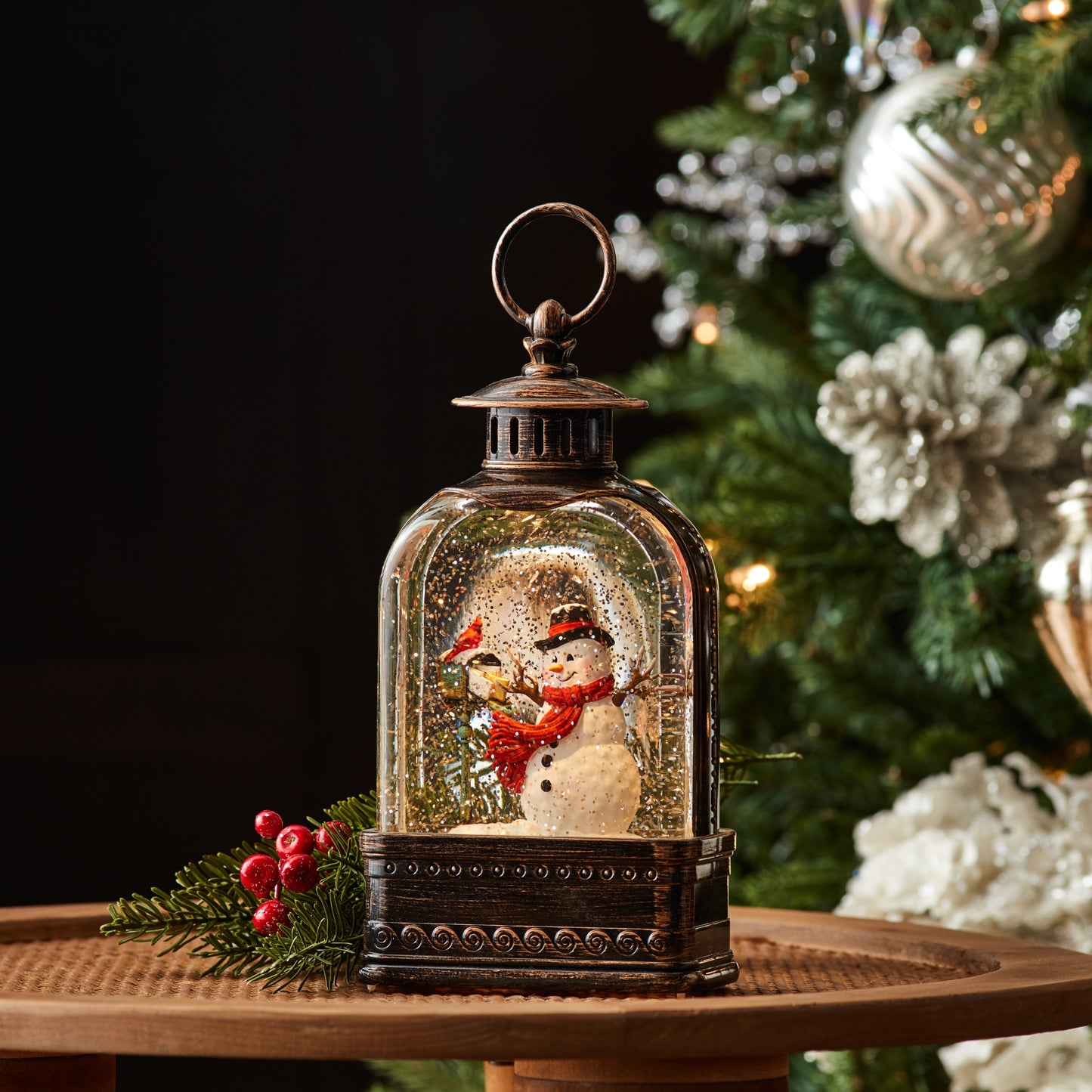 LED Snow Globe with Snowman and Cardinals 9.75"H