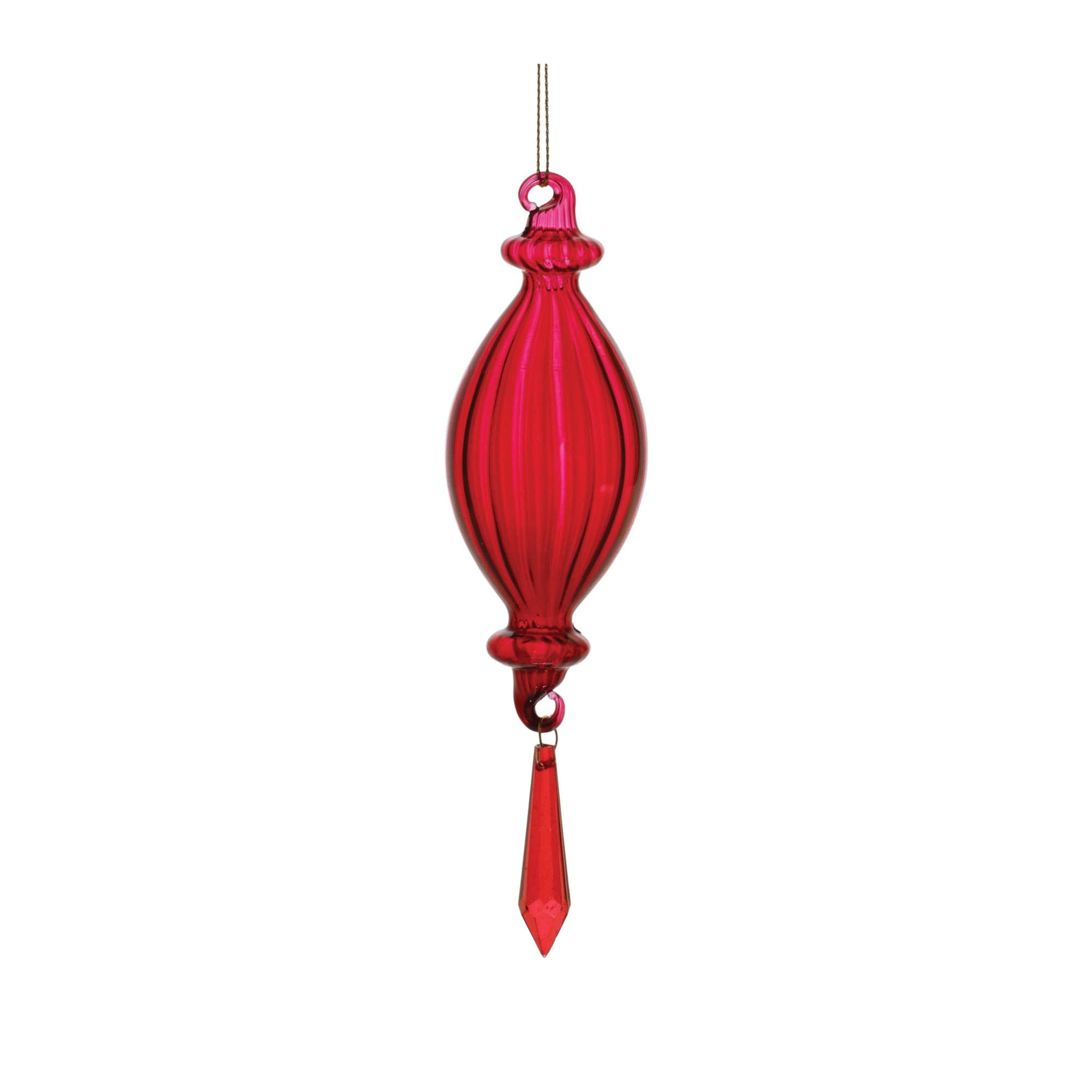 Red Ribbed Glass Drop Ornament with Jewel (Set of 3)
