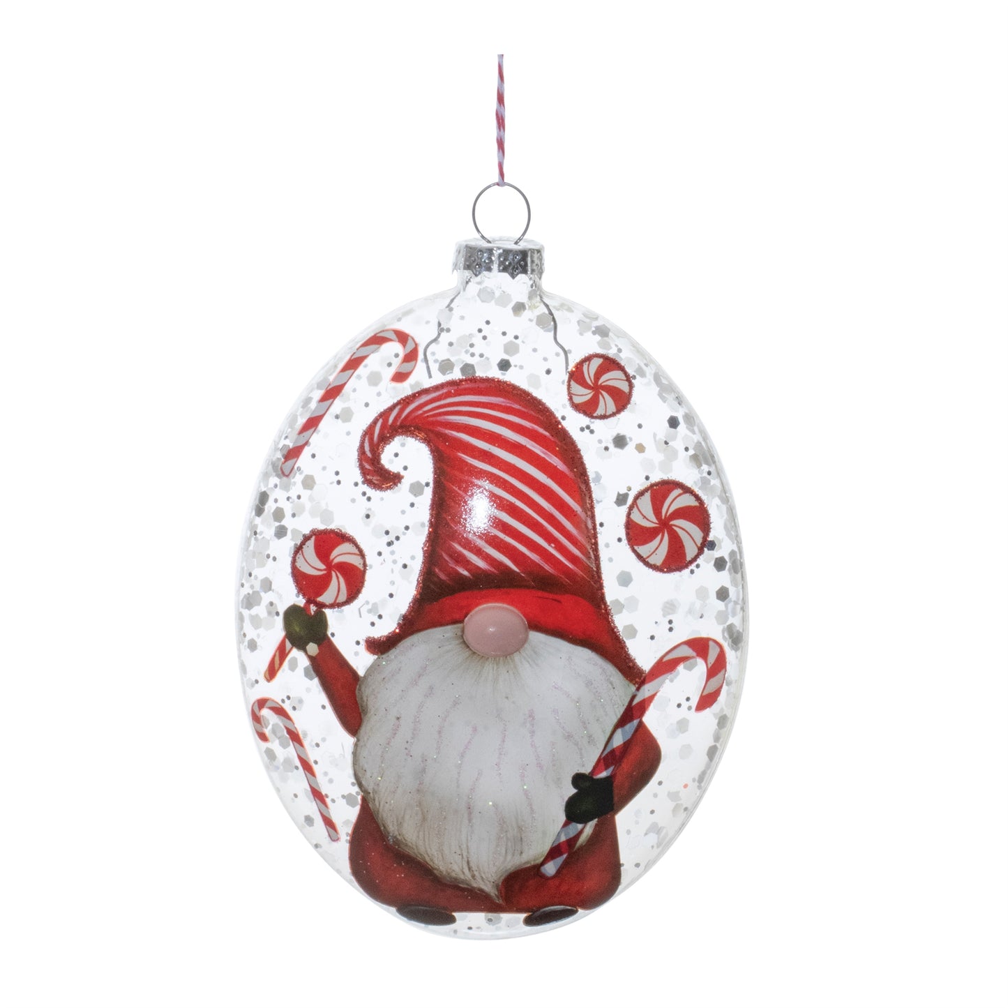 Glass Peppermint Gnome Disc Ornament (Set of 12)