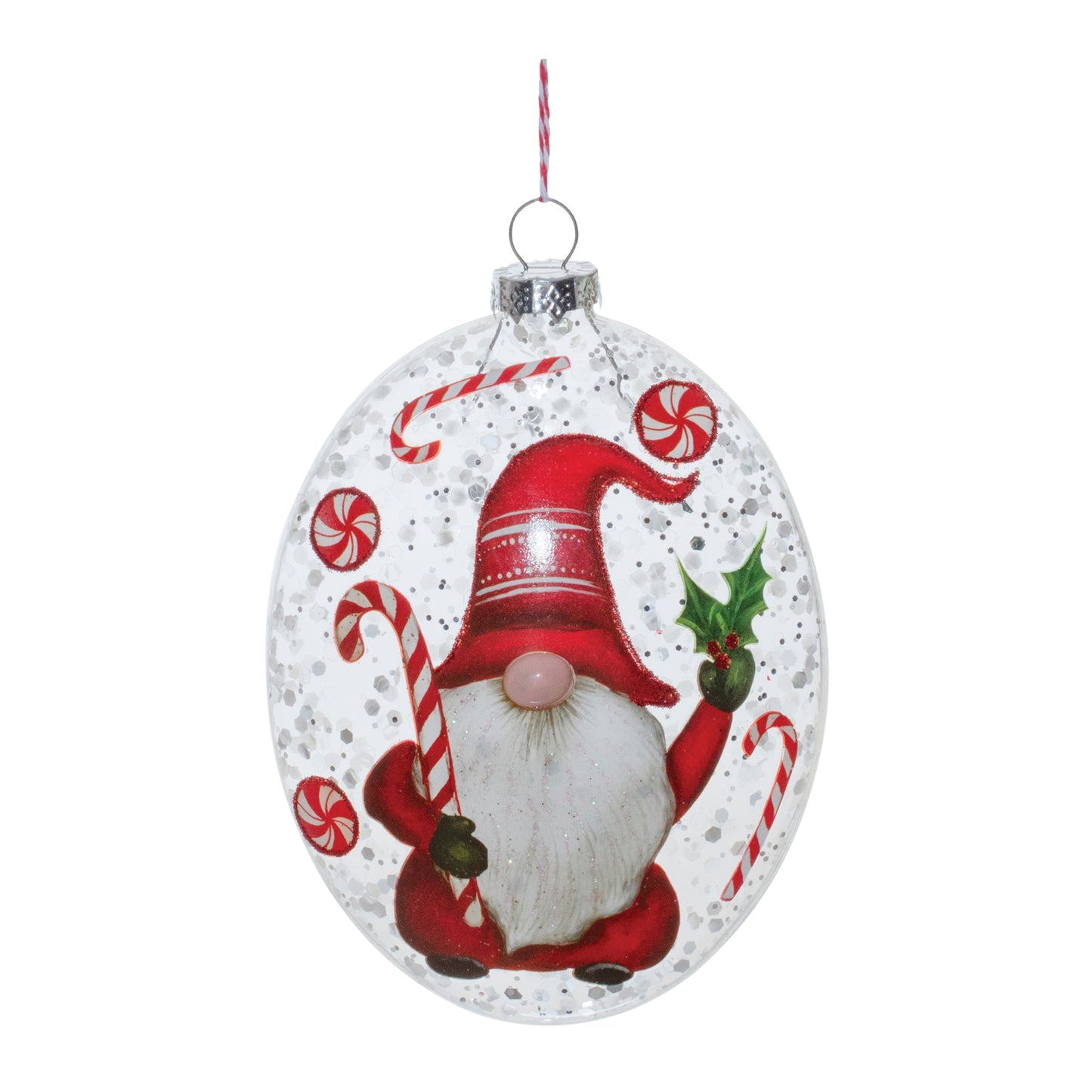 Glass Peppermint Gnome Disc Ornament (Set of 12)