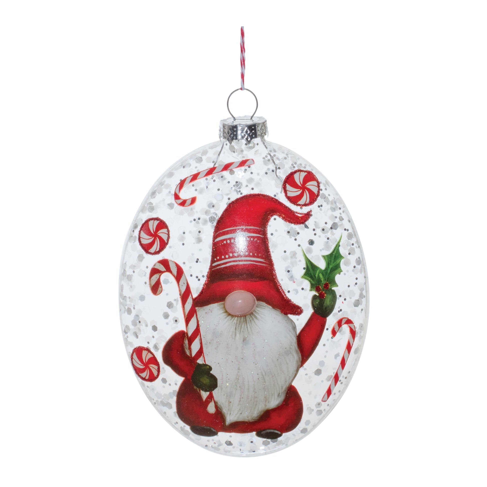 Glass Peppermint Gnome Disc Ornament (Set of 12)