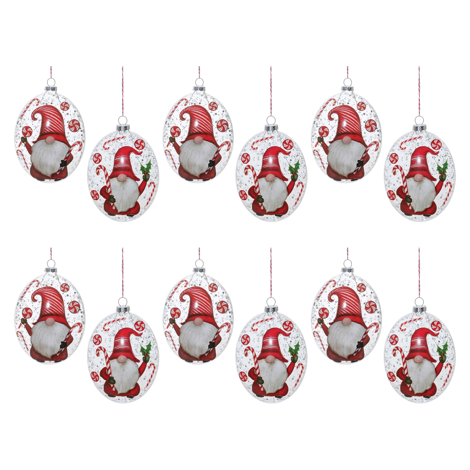 Glass Peppermint Gnome Disc Ornament (Set of 12)