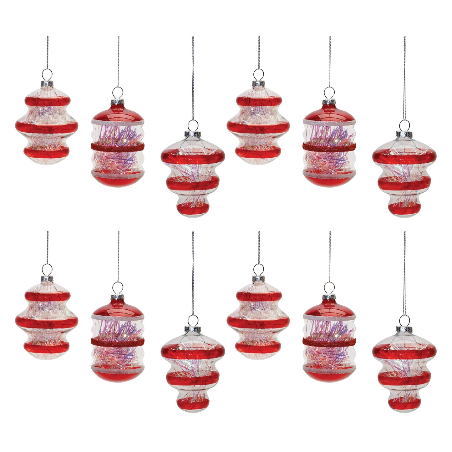 Finial Glass Ornament with Tinsel Filling (Set of 12)