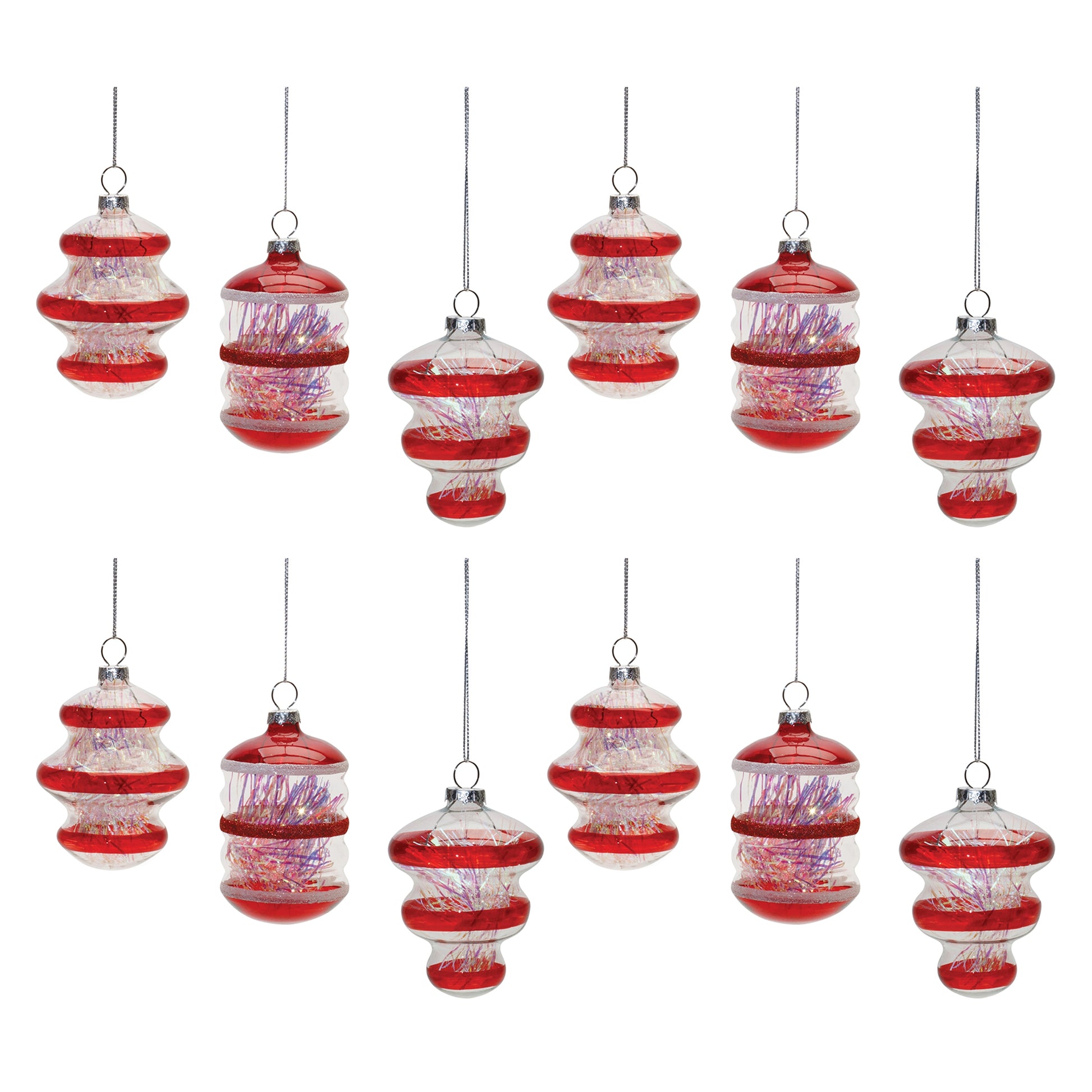 Finial Glass Ornament with Tinsel Filling (Set of 12)