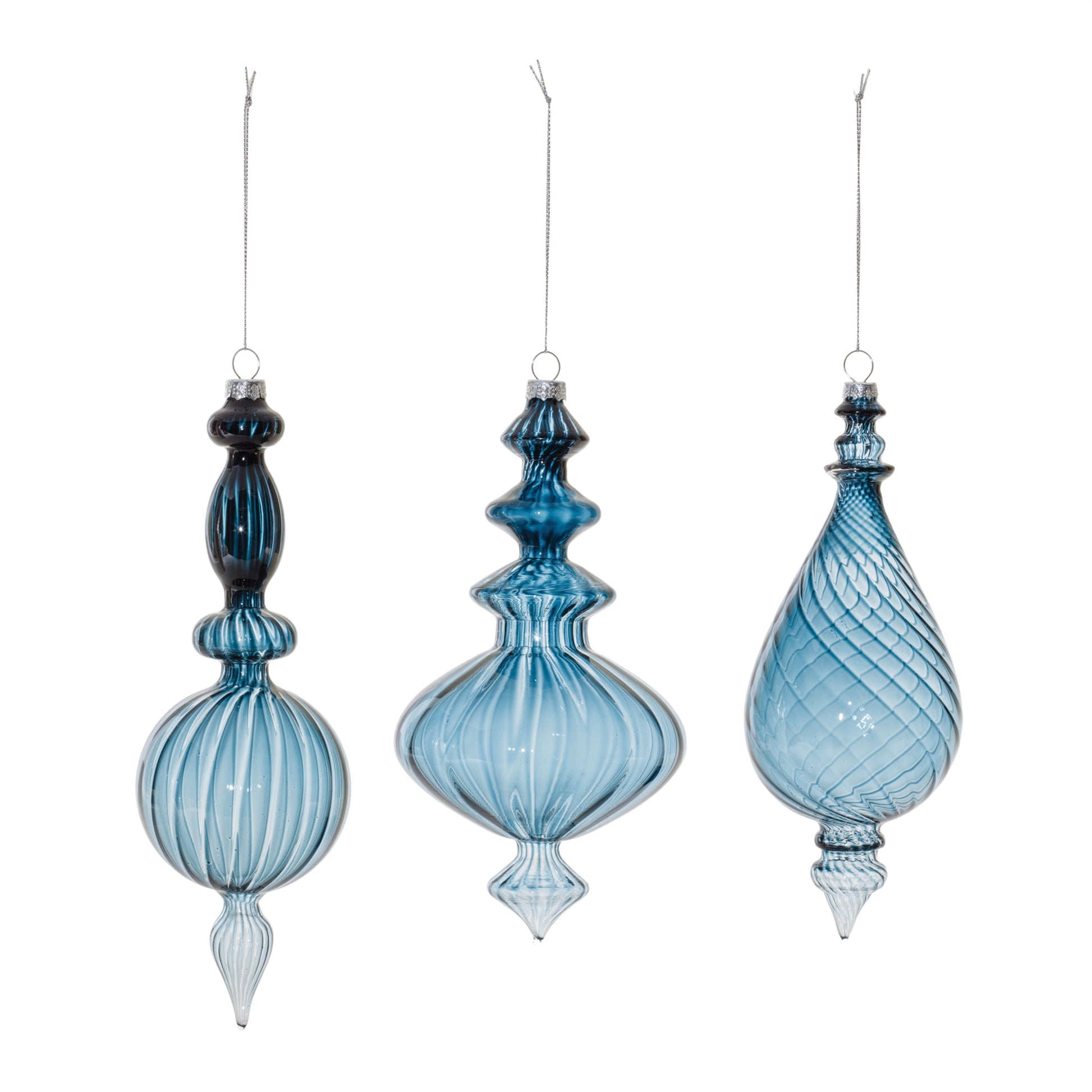 Blue Ribbed Glass Finial Drop Ornament (Set of 6)