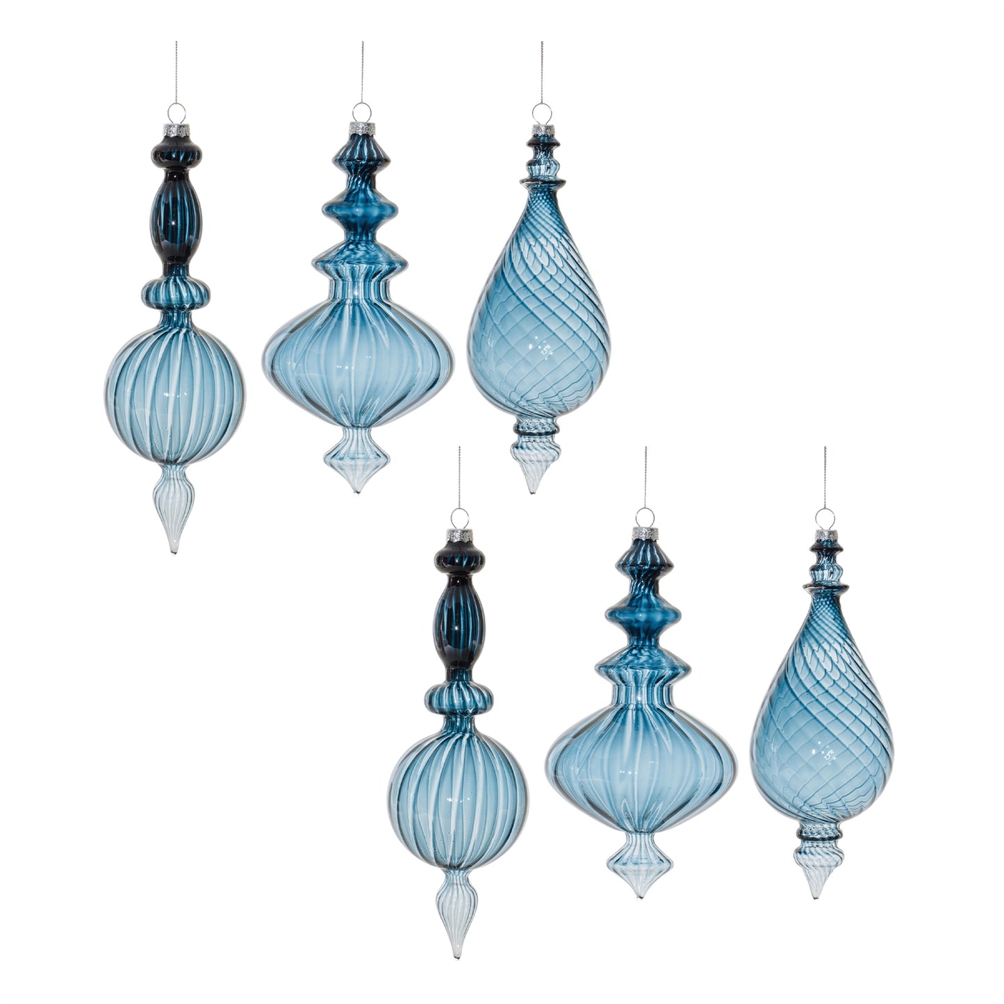 Blue Ribbed Glass Finial Drop Ornament (Set of 6)