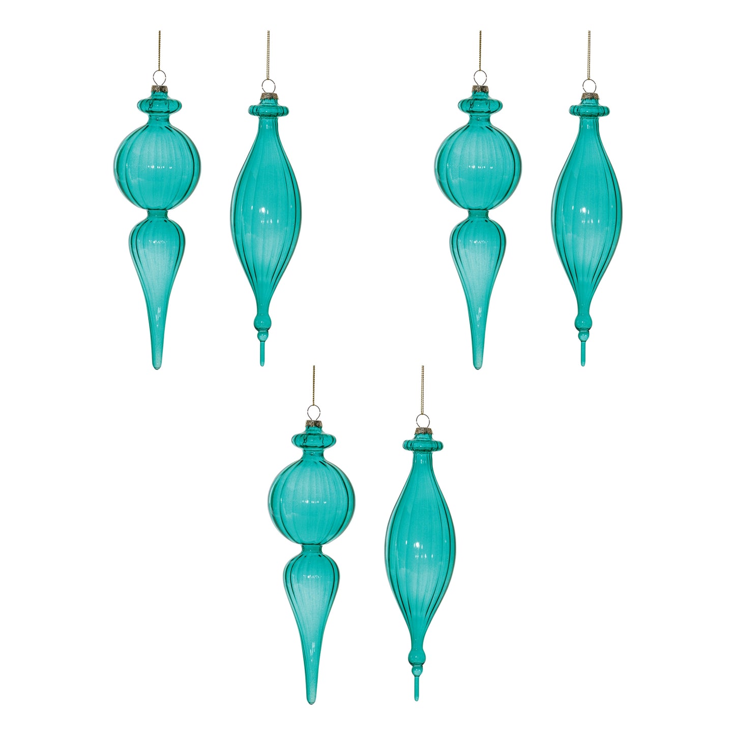 Blue Ribbed Glass Finial Drop Ornament (Set of 6)