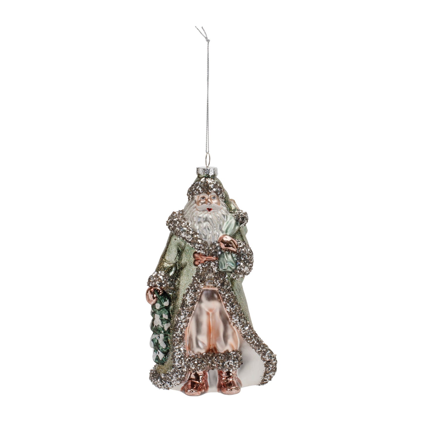 Glittered Green Glass Santa Ornament (Set of 6)