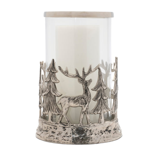 Deer and Tree Candle Holder 8"D x 11"H Aluminum/Glass