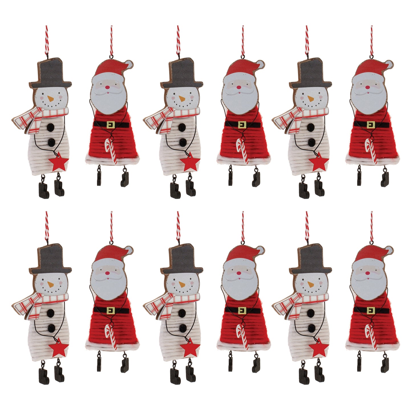 Wood and Felt Snowman Santa Ornament (Set of 12)