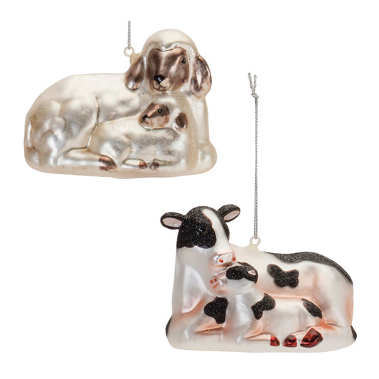 Cow and Sheep Ornament (Set of 6) 3"H Glass