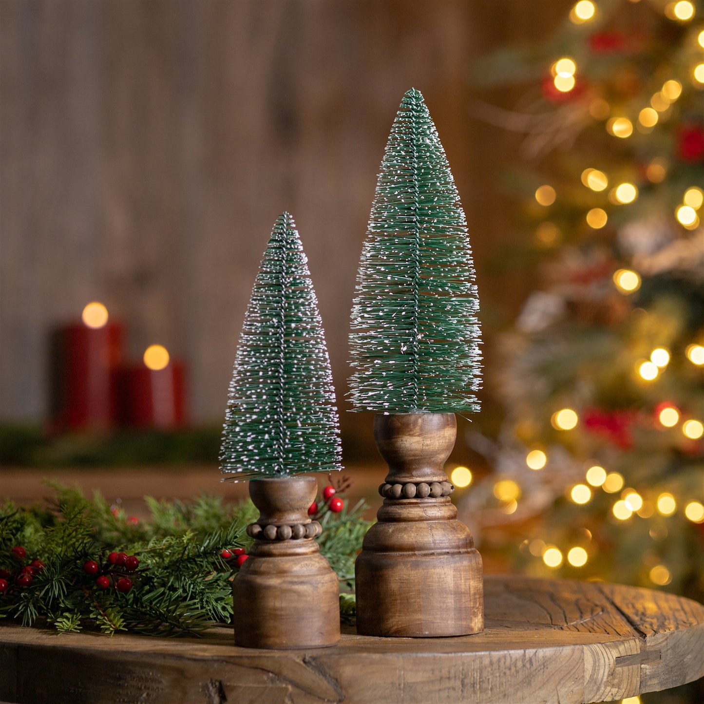 Mini Bottle Brush Tree on Pedestal (Set of 2)