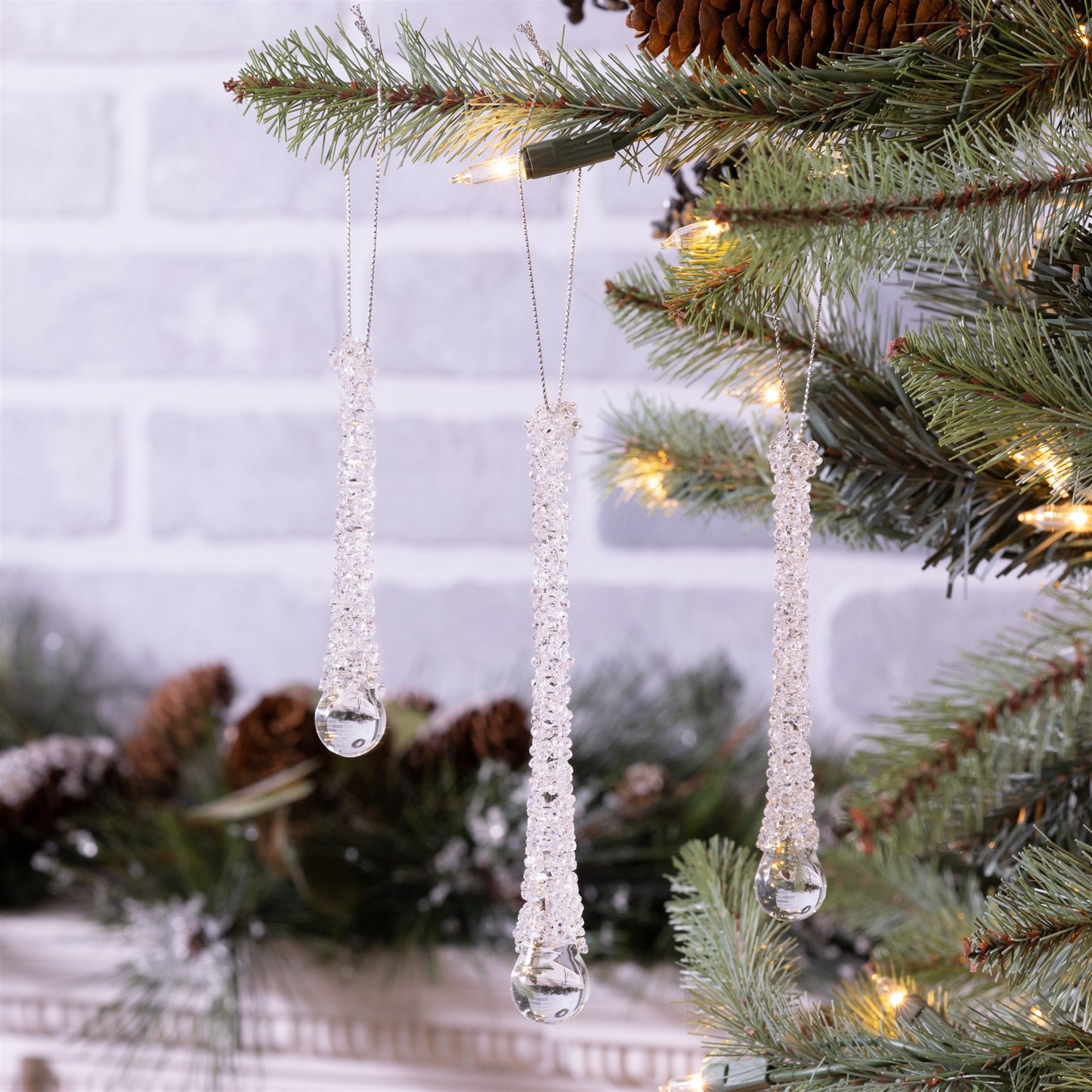 Clear Beaded Glass Icicle Drop Ornament (Set of 12)