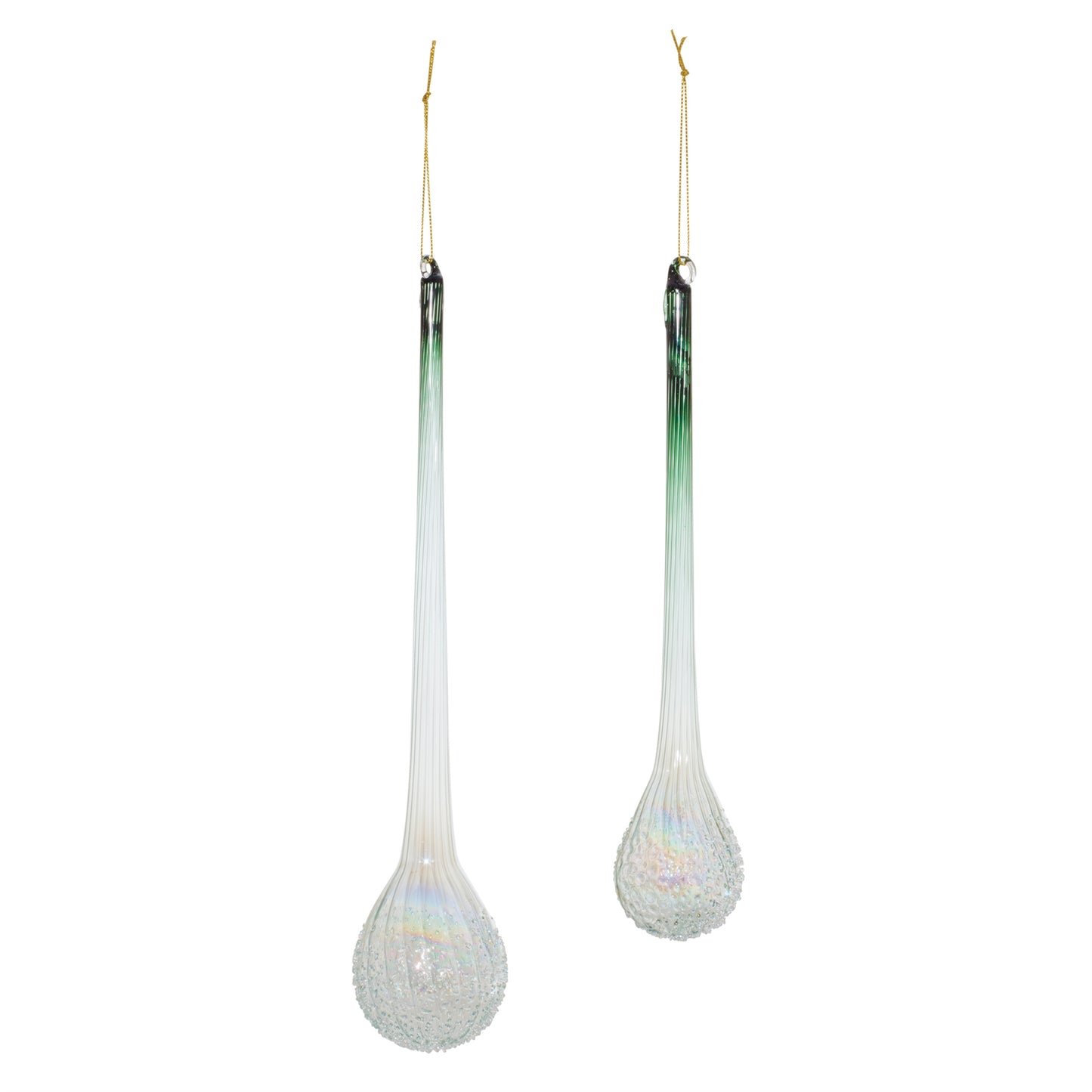 Green Iridescent Ribbed Glass Icicle Drop Ornament (Set of 12)