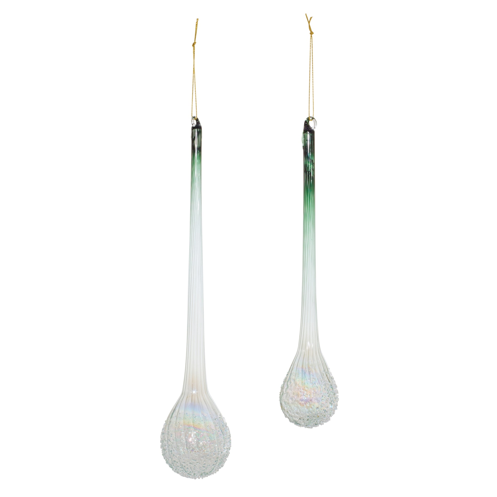 Green Iridescent Ribbed Glass Icicle Drop Ornament (Set of 12)