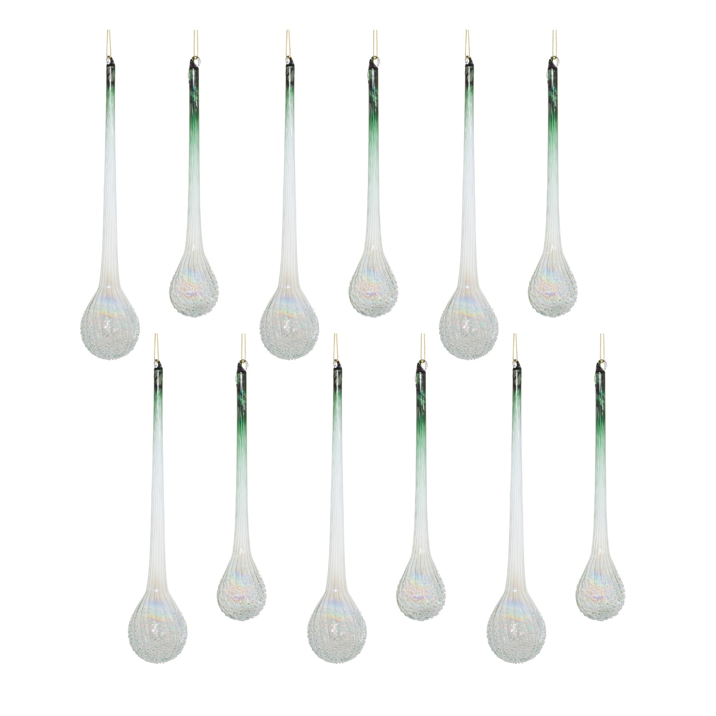 Green Iridescent Ribbed Glass Icicle Drop Ornament (Set of 12)