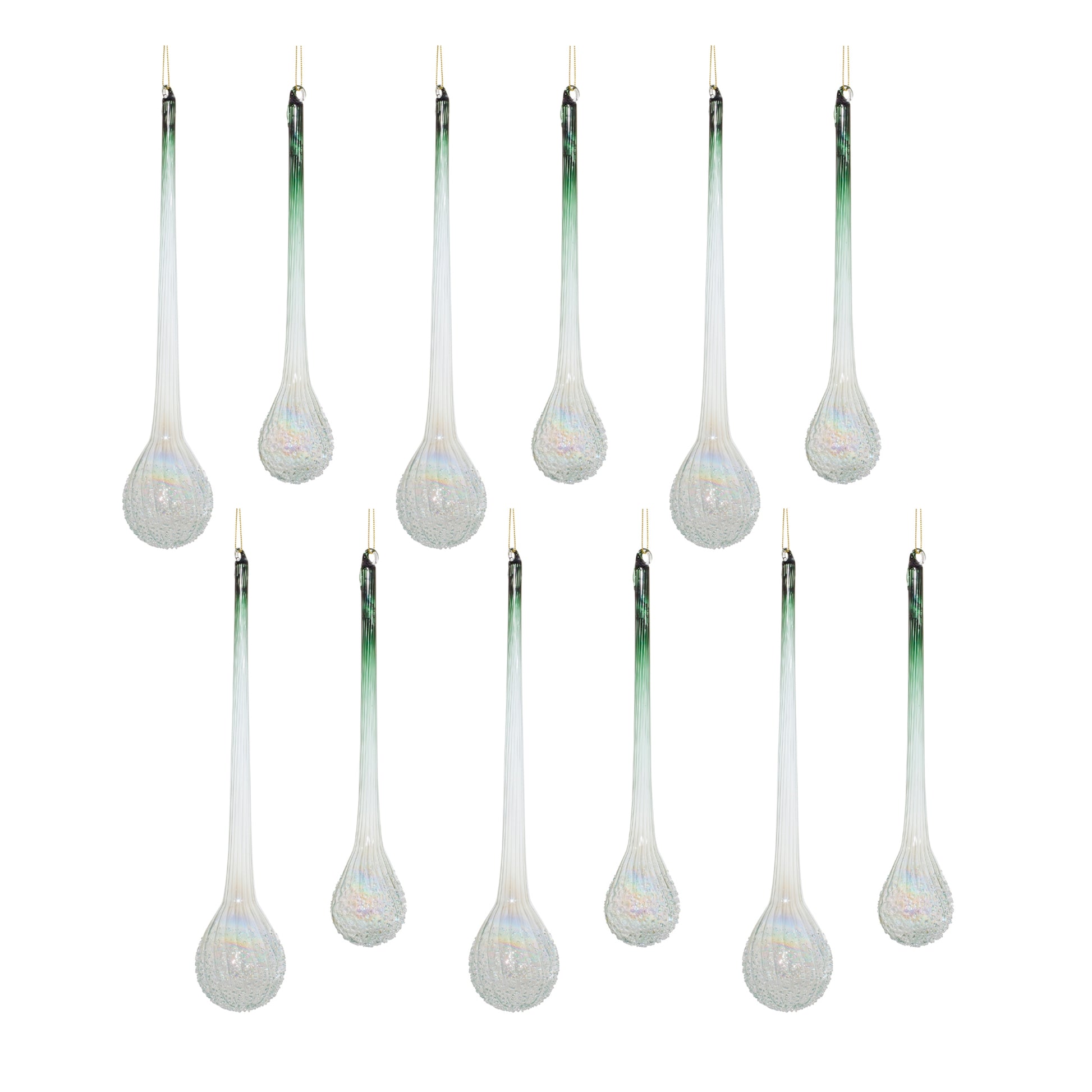 Green Iridescent Ribbed Glass Icicle Drop Ornament (Set of 12)