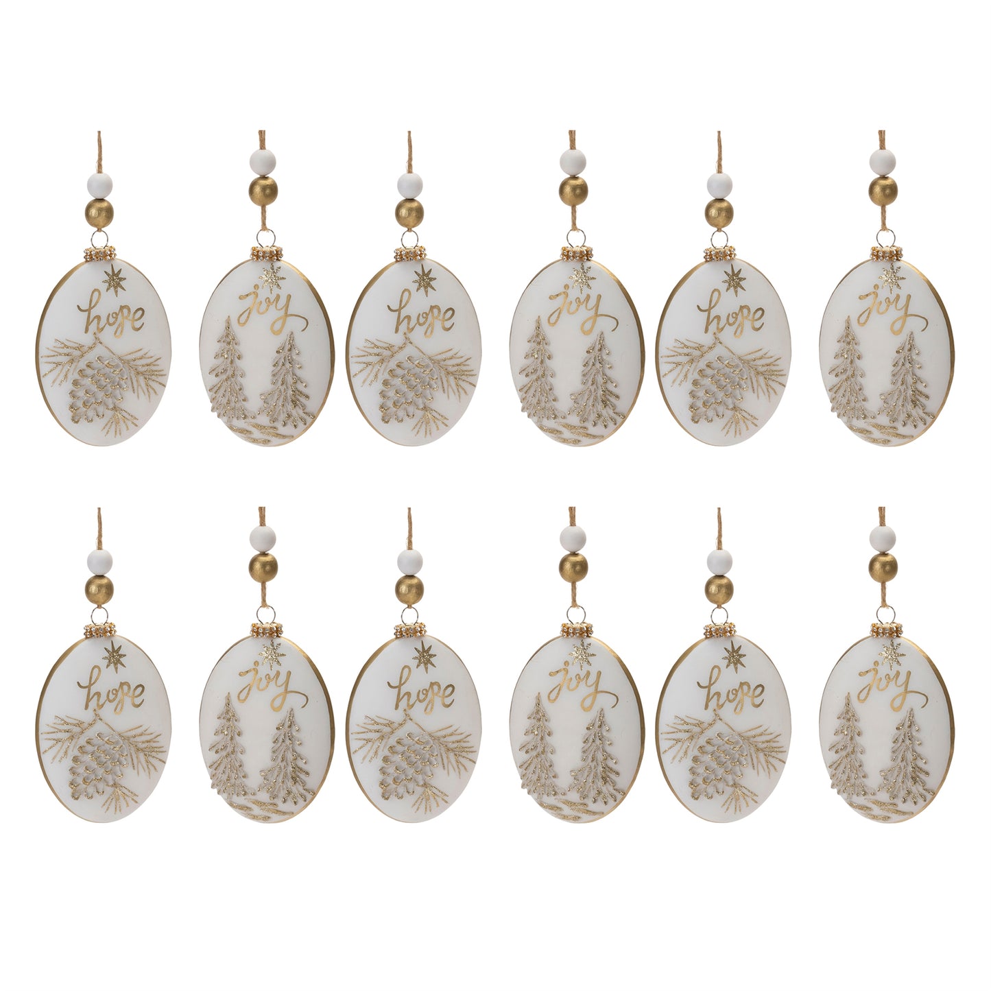 Glittered Glass Hope and Joy Ornament with Wood Beads (Set of 12)