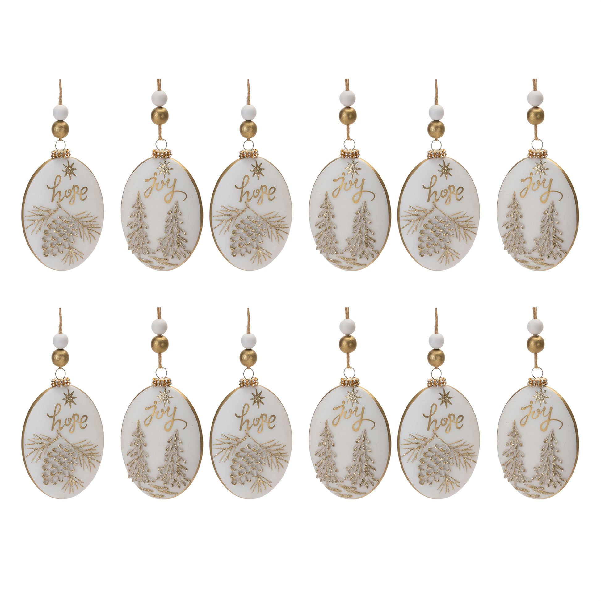 Glittered Glass Hope and Joy Ornament with Wood Beads (Set of 12)