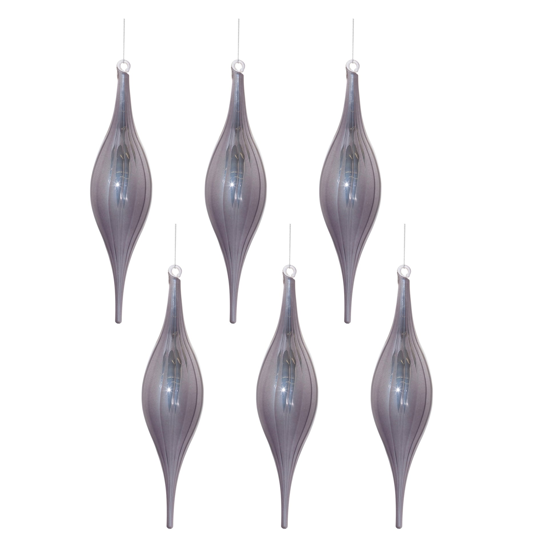 Grey Ribbed Glass Drop Ornament (Set of 6)