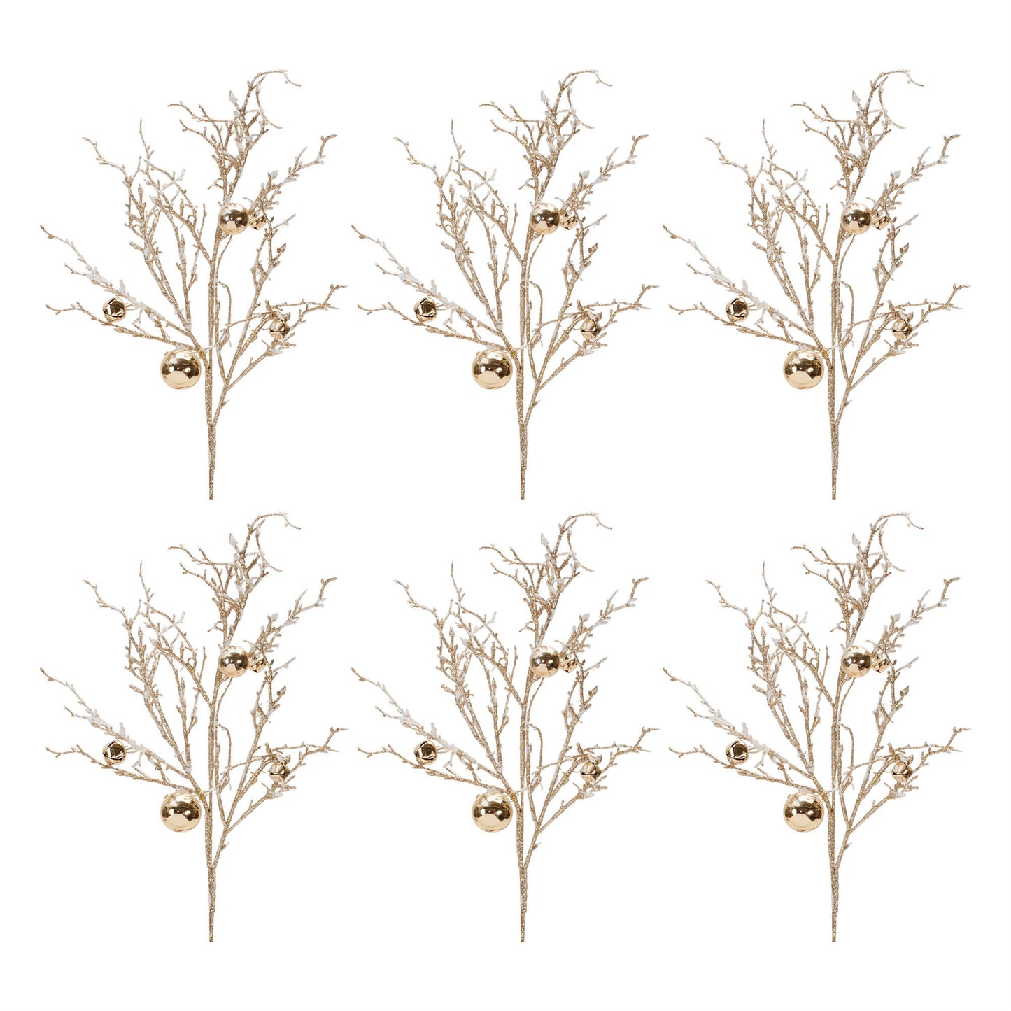 Flocked Twig Branch with Sleigh Bells (Set of 6)