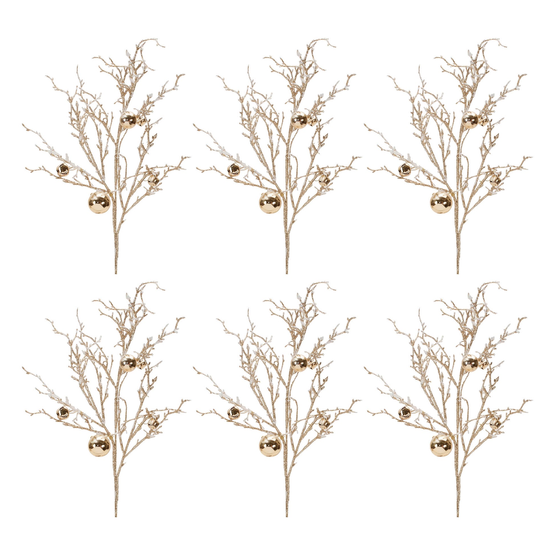 Flocked Twig Branch with Sleigh Bells (Set of 6)