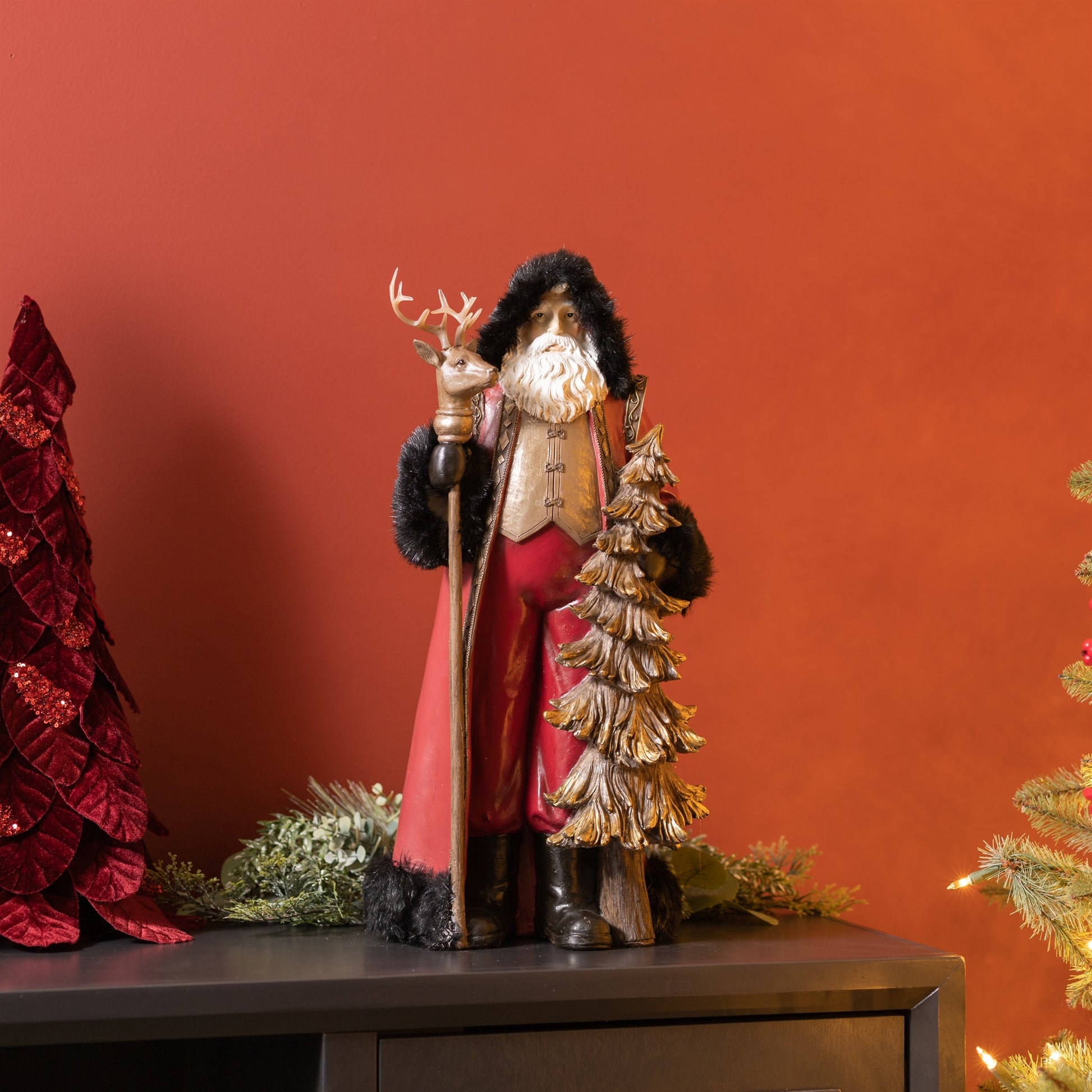 Hooded Woodland Santa with Deer Staff 19.5"