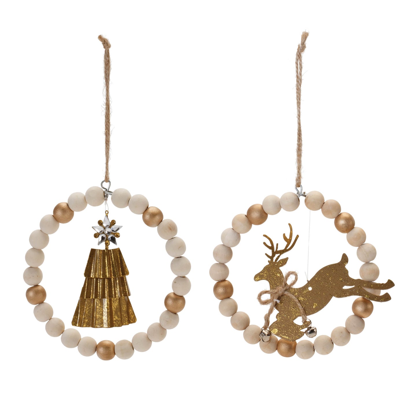 Beaded Wood Tree and Deer Ornament (Set of 6)