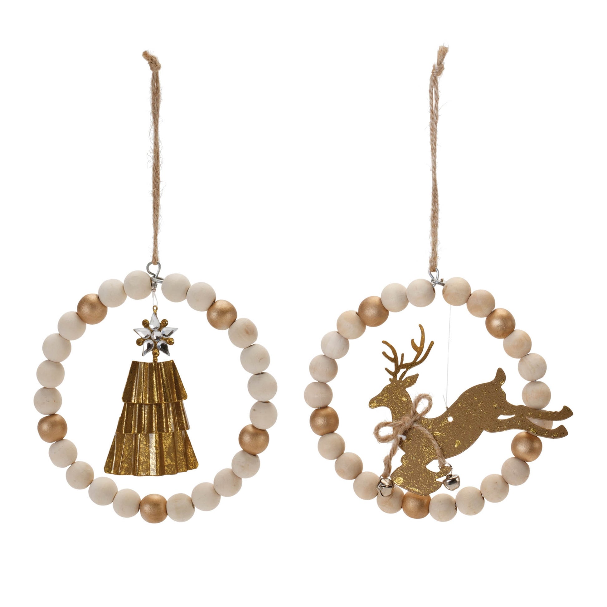 Beaded Wood Tree and Deer Ornament (Set of 6)