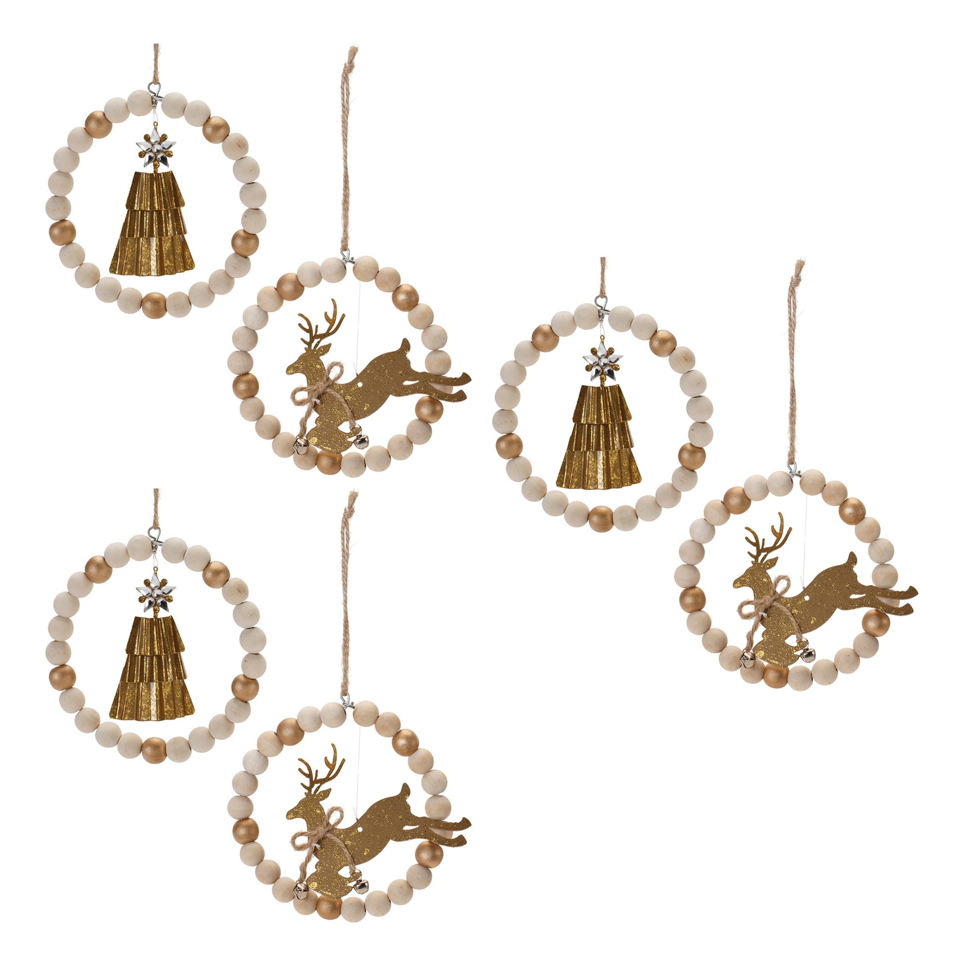 Beaded Wood Tree and Deer Ornament (Set of 6)